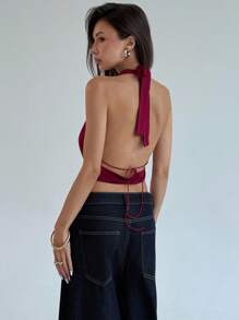 Aloruh Halter Tie Sexy Deep V Backless Chain Music Festival Sexy Babe Women Tank Top - Baby Pink - View 4