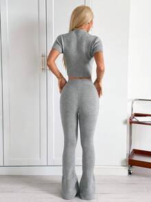SHEIN EZwear Women's Solid Color Round Neck Short Sleeve Cropped Knit Top And Knitted Long Pants Set,Fall - Grey - View 2