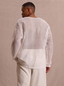 Musero Men V Neck Oversized Crochet Long Sleeve Top Spring Summer Vacation Easter Streetstyle - White - View 3