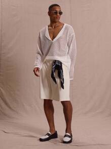 Musero Men V Neck Oversized Crochet Long Sleeve Top Spring Summer Vacation Easter Streetstyle - White - View 5