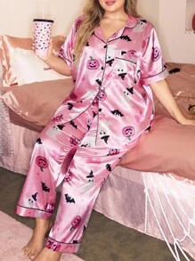 SHEIN Cute Pink Satin Plus Size Pajama Set With Textured Pattern And Lapel Neckline, For Halloween - Multicolor - View 3