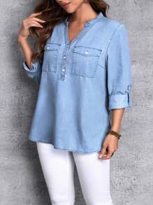 SHEIN Essnce Plus Size Solid Color Notched Neck Button Up Casual Long Sleeve Denim Jacket