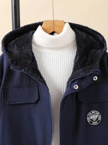SHEIN 男童休闲加厚连帽派克大衣，带大口袋，适合2025年返校季，学院风和校园运动装，秋冬季时尚之选 - 寶藍色 - 查看 5