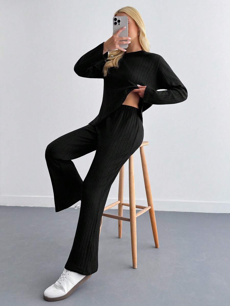 EURMUSE Petite Petite Size Low Slit T-Shirt & Flared Pants Set - Black - View 1
