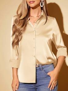 Amorya Áo sơ mi dài tay ve vải satin acetate trơn màu thanh lịch dành cho nữ - Màu be - Xem 3