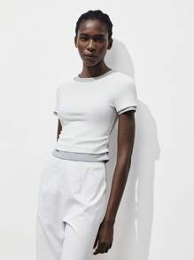 Lumivelle Business Casual Womanfall Clothes Women's Fashion Commuter Slim Fit Short Sleeve 2 In 1 Contrast Color Top All White Clothes For University - White - View 5