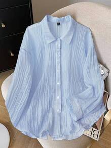 SHEIN Clasi Áo sơ mi nữ tay dài màu trơn, đơn hàng thường ngày, cỡ lớn, mùa xuân/thu - Màu xanh lam - Xem 2