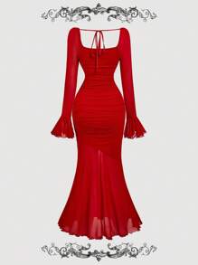 SHEIN MOD 女士红色喇叭袖美人鱼连衣裙，适合生日、复古、2000年代风格、仙女风、节日、哥特风、婚礼宾客礼服、生日礼服、派对礼服、仙女风、外出礼服、秋季婚礼宾客礼服、红色长袖褶皱长款连衣裙，适合婚礼宾客派对，柔软弹力网纱面料，优雅浪漫风格，方领修身连衣裙，适合正式晚宴、鸡尾酒会、订婚晚宴、宴会、节日活动等场合。 - 紅色 - 查看 2
