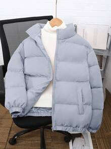 SHEIN Teen Girl's Hazy Blue Stand Collar Loose Casual Versatile Woven Jacket Girls Star Jacket Kids Star Puffer Jacket Fall Winter - Dusty Blue - View 2