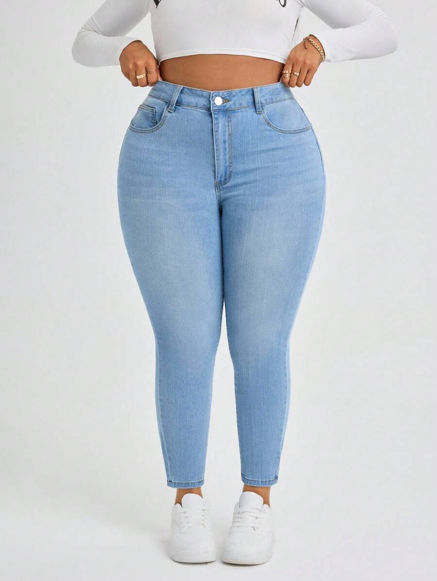 Slaydiva Jeans De Mezclilla Elásticos De Talla Grande Con Efecto Lavado - Lavado ligero - Ver 1