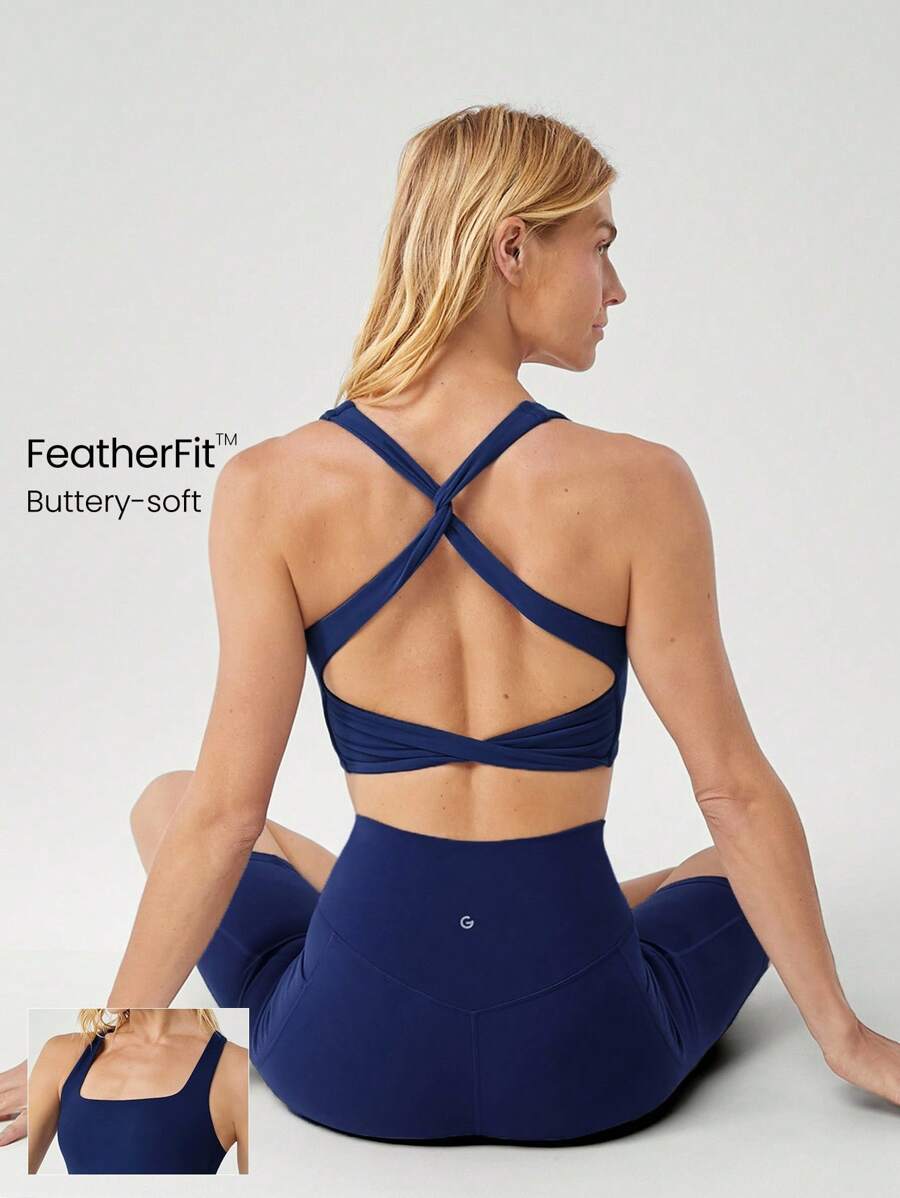 GLOWMODE FeatherFit™ Twisted Active Square Neckline Tank Light Support Low Impact Yoga Daily - Dark Blue - View 1
