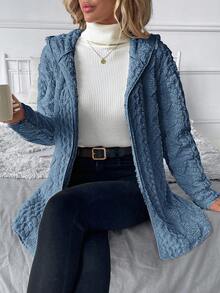 SHEIN Clasi Women's Solid Color Minimalist Daily Long Sleeve Hooded Textured Fleece Jacket In Fall/Winter - Dusty Blue - View 6