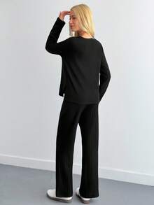 EURMUSE Petite Petite Size Low Slit T-Shirt & Flared Pants Set - Black - View 2