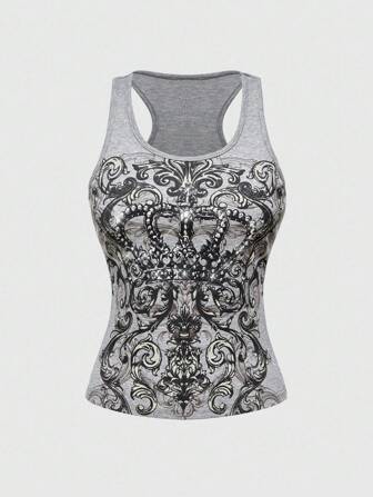 ROMWE Avant Top corto con corona de cristales estilo Y2K K-pop, top de tirantes gráfico vintage para mujer