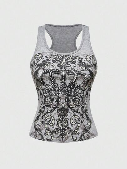 ROMWE Avant Y2K Kpop Rhinestone Crown Crop Top, Vintage Graphic Tank Top For Women