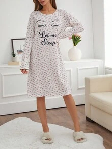 Women Cotton Floral Pattern With Eye Lettered Printed Long Sleeve Homewear Sleep Pajama Dress Women Pajama Dress Long Sleeve Nightgown Cute Sleepwear Women Cute Sleep Set Sleepwear Dress