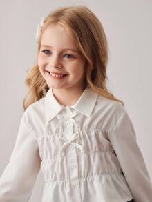PrepCrw Blusa de manga larga con volantes, botones y decoración de lazo en estilo preppy para niñas jóvenes - Blanco - Ver 7