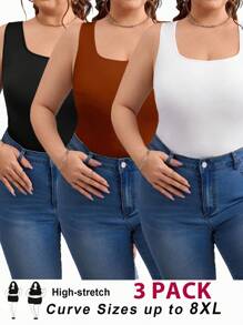 SHEIN CURVE+ Curves 大码/学校服装/返校服装/返校 3 件套大码女式修身吊带背心，百搭款式，用途广泛