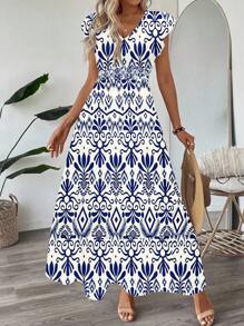 SHEIN LUNE 褶皱荷叶边飘逸袖收腰喇叭豹纹连衣裙，休闲度假优雅飘逸波西米亚风女装，适合春夏季 - 彩色 - 查看 5