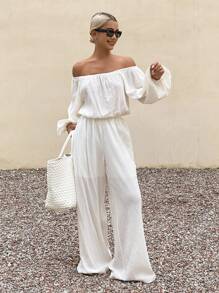 Livesso 新款秋季宽松休闲度假棉麻露肩女装两件套 - 白色 - 查看 6