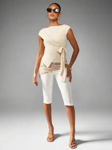 MISSGUIDED Elegant Cap Sleeve Wrap Top With Side Tie Bow Detail Asymmetric Front Summer Evening Casual Party Boat Neck Blouse