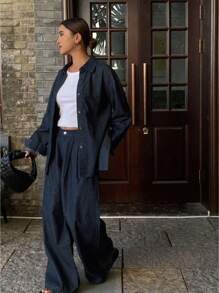 Livesso 女式两件套牛仔长袖衬衫配腰带和牛仔裤，秋季服装