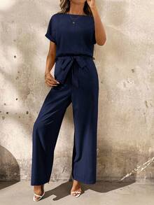 SHEIN Clasi 女士度假花卉蕾丝边圆领蝙蝠袖宽松连体裤 - 藏蓝色 - 查看 4