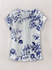 Rusticease 女款花卉印花休閒上衣，圓領蝙蝠袖短袖，藍色花卉上衣，藍白花卉上衣，花卉上衣，女款夏季休閒時尚上衣 - 彩色 - 查看 2