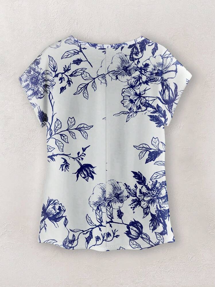 Rusticease Blusa casual con estampado floral, cuello redondo y mangas tipo murciélago para mujer, blusa floral azul, blusa floral azul y blanca, blusa floral, blusa floral para mujer, blusa de verano, blusas elegantes para mujer, casual - Multicolor - Añade 2
