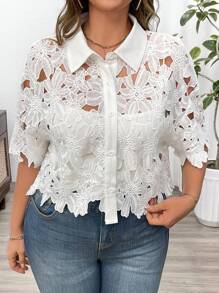 SHEIN Clasi Chemise fleurie en dentelle ajourée grande taille pour vacances d'été femme - Blanc - Voir 1