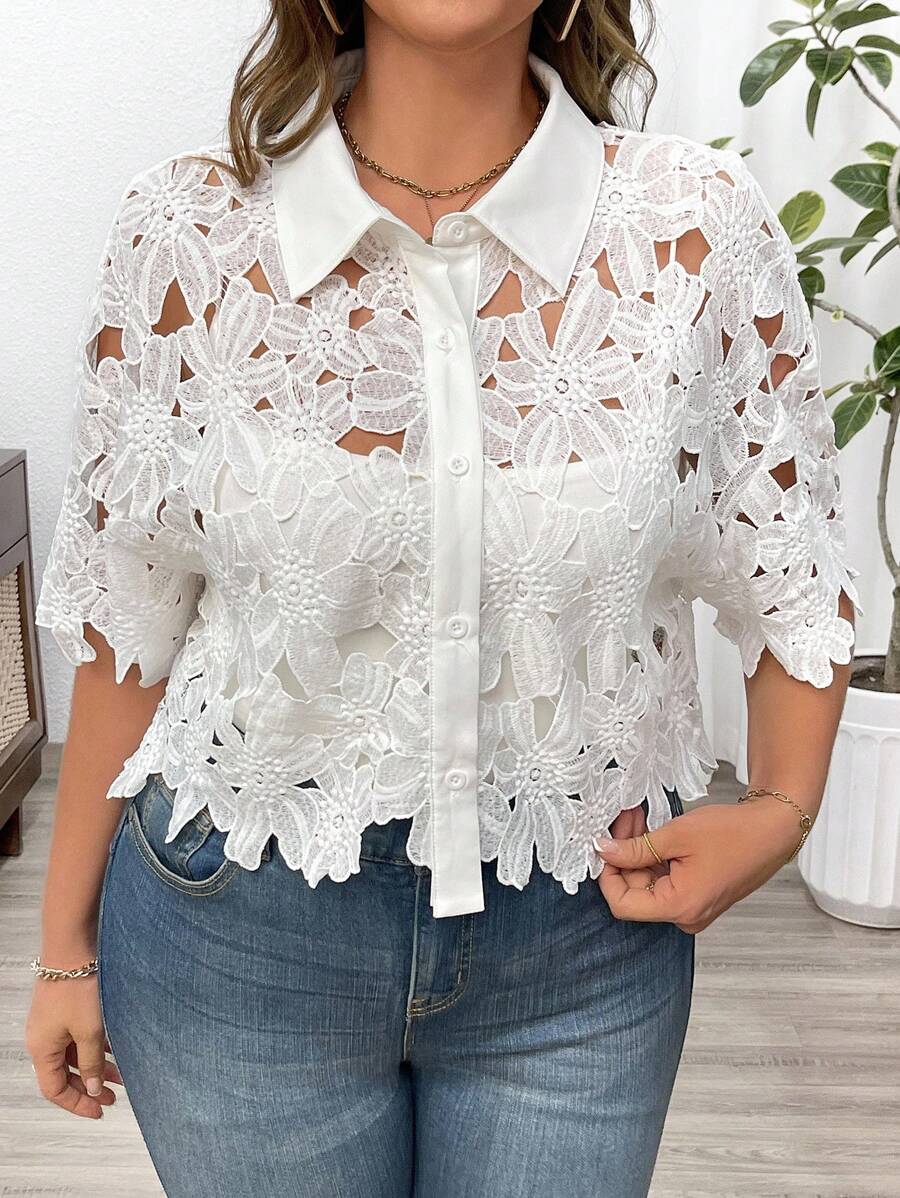 SHEIN Clasi Chemise fleurie en dentelle ajourée grande taille pour vacances d'été femme - Blanc - Voir 1