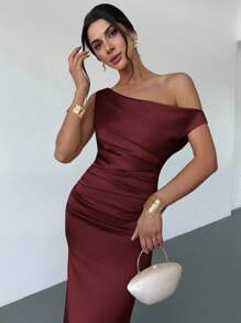 Firerie Women's Champagne Asymmetric Satin Mermaid Dress, Elegant Evening Gown For Formal Occasions, Suitable For Commute, Formal, Sexy, Romantic, Date, Wedding Season, Graduation, Performance, Concert Formal Dresses For Wedding Guest,Wedding Guest Dress - Burgundy - View 5
