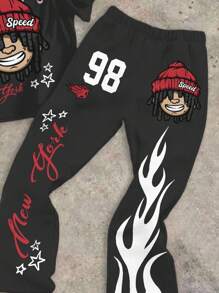SHEIN 2 件/套青少年男孩休闲经典卡通人物、城市名称纽约、火焰、星星图案印花圆领 T 恤和喇叭裤套装，适合青少年男孩，适合春夏季男孩运动裤图案和衬衫游戏玩家男孩慢跑套装男孩图案慢跑套装男孩火焰印花慢跑套装男孩纽约慢跑套装男孩火焰慢跑套装，街头服饰 - 彩色 - 查看 3