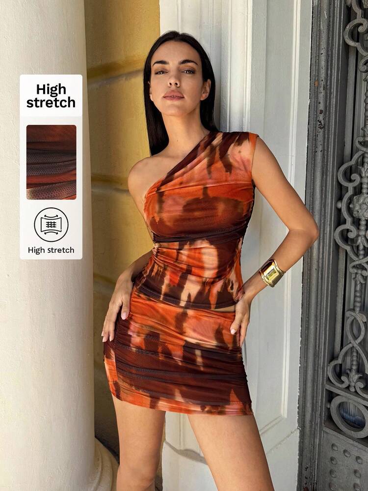 SHEIN Maija Women's Multi-Color Abstract Tie Dye Mini Skirt, Versatile Casual Urban Fashion Asymmetric Hem Design, Elegant Business/Office Lady Outfit, Suitable For Commuting, Party Occasions