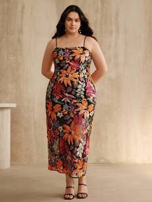 Anewsta Vestido de fiesta elegante de talla grande para mujer con tirantes medianos y estampado floral con cuentas - Negro - Ver 3