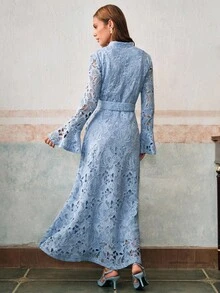 Anewsta 女式蓝色立领喇叭袖束带碎花连衣裙，秋冬款 - 藍色 - 查看 7