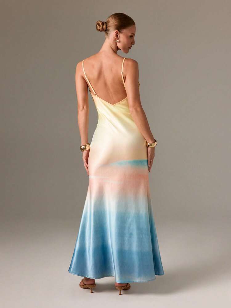AiiRZ Gradient Satin Maxi Dress With Cowl Neckline