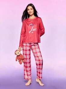 女士字母印花休闲家居服套装、上衣和裤子 - 粉色 - 查看 2