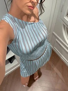 Zielony Conjunto de 2 piezas de blusa con hombro asimétrico y lazo en la cintura, y minifalda para mujer