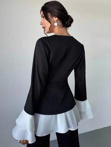 Firerie Damen eleganter, minimalistischer, anspruchsvoller Pendler-Blazer mit Metallschnalle in Taille-A-Linie, Schwarz-Weiß-Kontrast, figurbetont, Herbst/Winter - Schwarz und Weiss - Übersicht 11