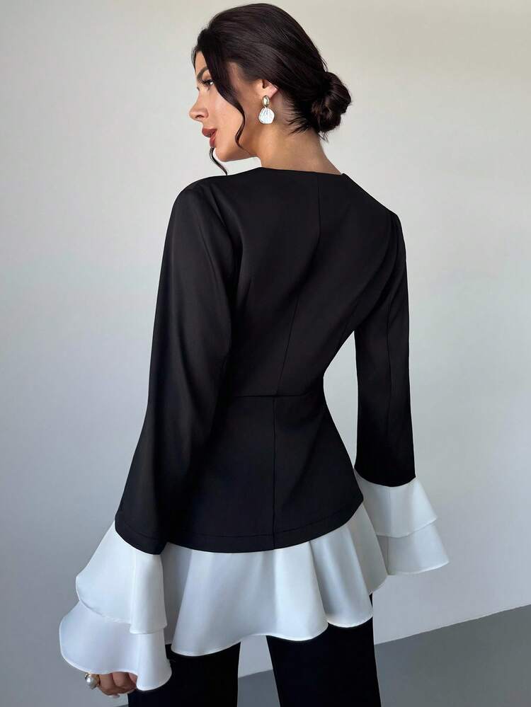 Firerie 女士优雅简约精致通勤金属扣腰部 A 字形黑白撞色修身西装外套，秋冬 - 黑與白 - 查看 10