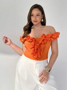 Auralis Combinaison pour femmes grande taille, vêtements grande taille mignons orange, combinaison décontractée style Ins Y2k, hauts mignons pour femmes, Top épaules dénudées, Top épaules dénudées