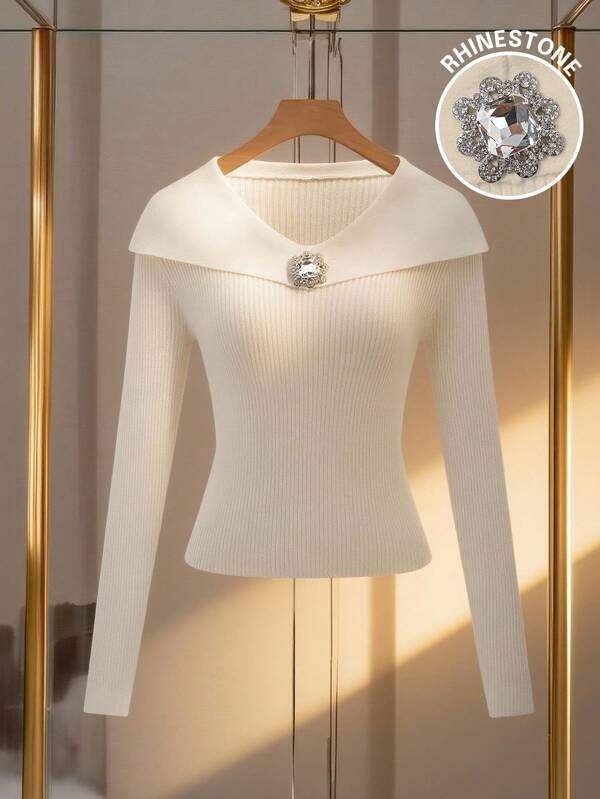 Franclia Women's Solid Color Crystal Embellished Elegant Long Sleeve Sweater