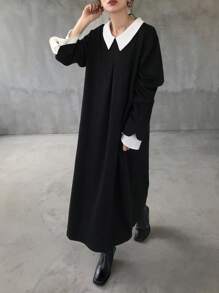 FRIFUL Women's Color Block Long Sleeve Loose Oversized Dress Black Dress Women Modest Dress Funeral Dress Church Dress Prayer Dress
