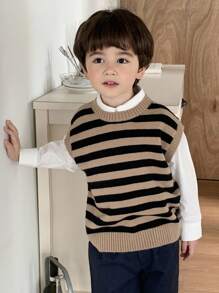 Hapijoa Young Boy Striped Knit Vest, Casual Loose Fit Fall - Khaki - View 7