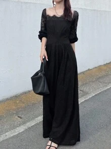 FRIFUL 女式黑色纯色拼接透明蕾丝面料收腰长袖连体裤，秋季