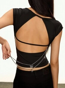 Rina Fox Motorcycle Chic Chain Backless Women Top - Black - View 1
