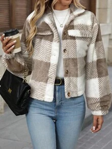 Editum Women's Reversible Plaid Fleece Jacket With Collar In Fall/Winter Spring Summer Elegant - Khaki - View 1