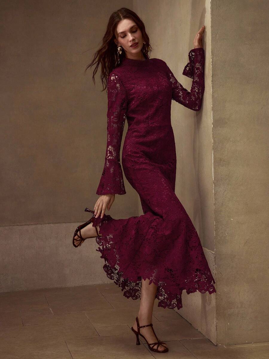 MOTF PREMIUM ELEGANT STAND COLLAR BIAS CUT DRESS - Burgundy - View 1