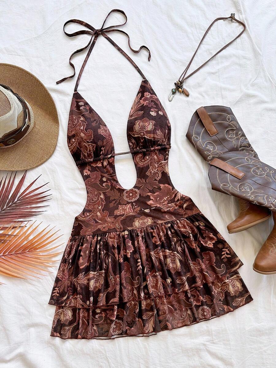 Soleia 女士度假棕色性感豹纹花卉印花深 V 领露背系带腰部荷叶边下摆迷你连衣裙，适合派对、婚礼、性感约会、下午茶、城市度假、音乐节、海滩度假、夏季服装，可作为沙滩裙在室内或室外穿着 - 鏽棕色 - 查看 1